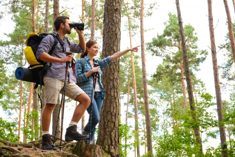 couple out in the woods with camping items